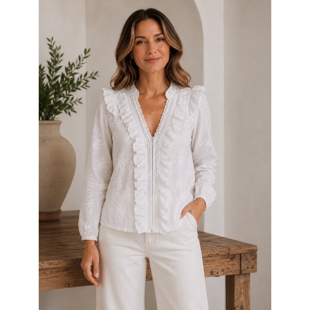 Calypso St Barth White Cotton Embroidered Ruffle Blouse XL Boho Cottagecore Boho